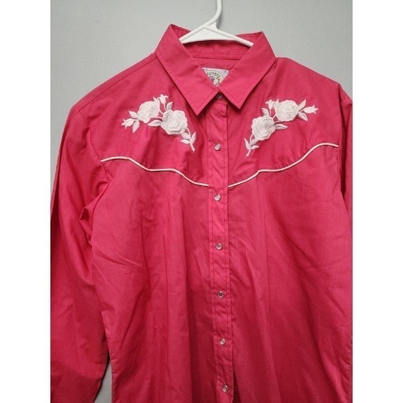 Vintage ELY Country Charmers Women’s Large Western Shirt Pearl Snap Pink Roses - Picture 2 of 10